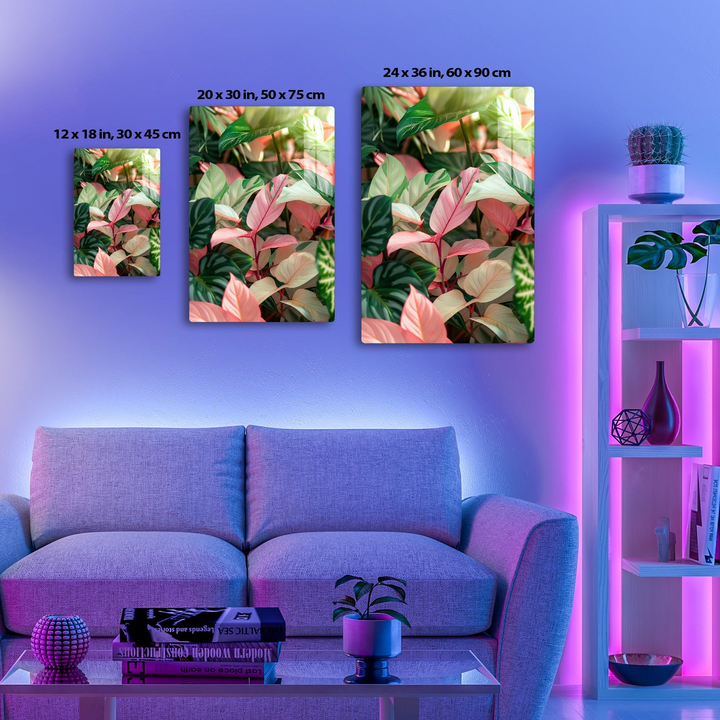 Lush tropical foliage with large pink, cream and green leaves with striking linear patterns, creating a vibrant botanical display.
