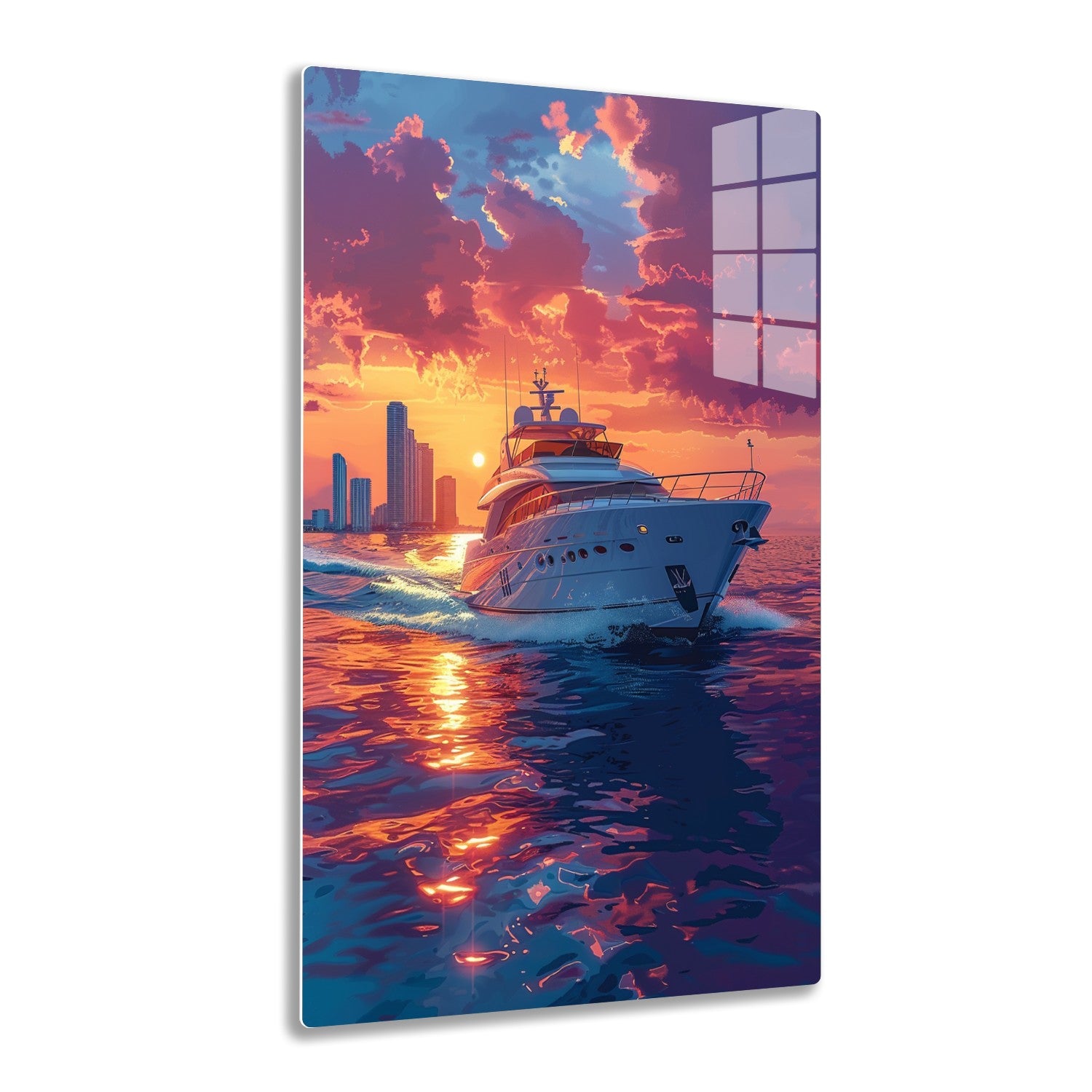 A luxurious yacht cruises through vibrant waters at sunset, with a breathtaking cityscape backdrop illuminated by a colorful cloudy sky reflecting on the rippling waves.
