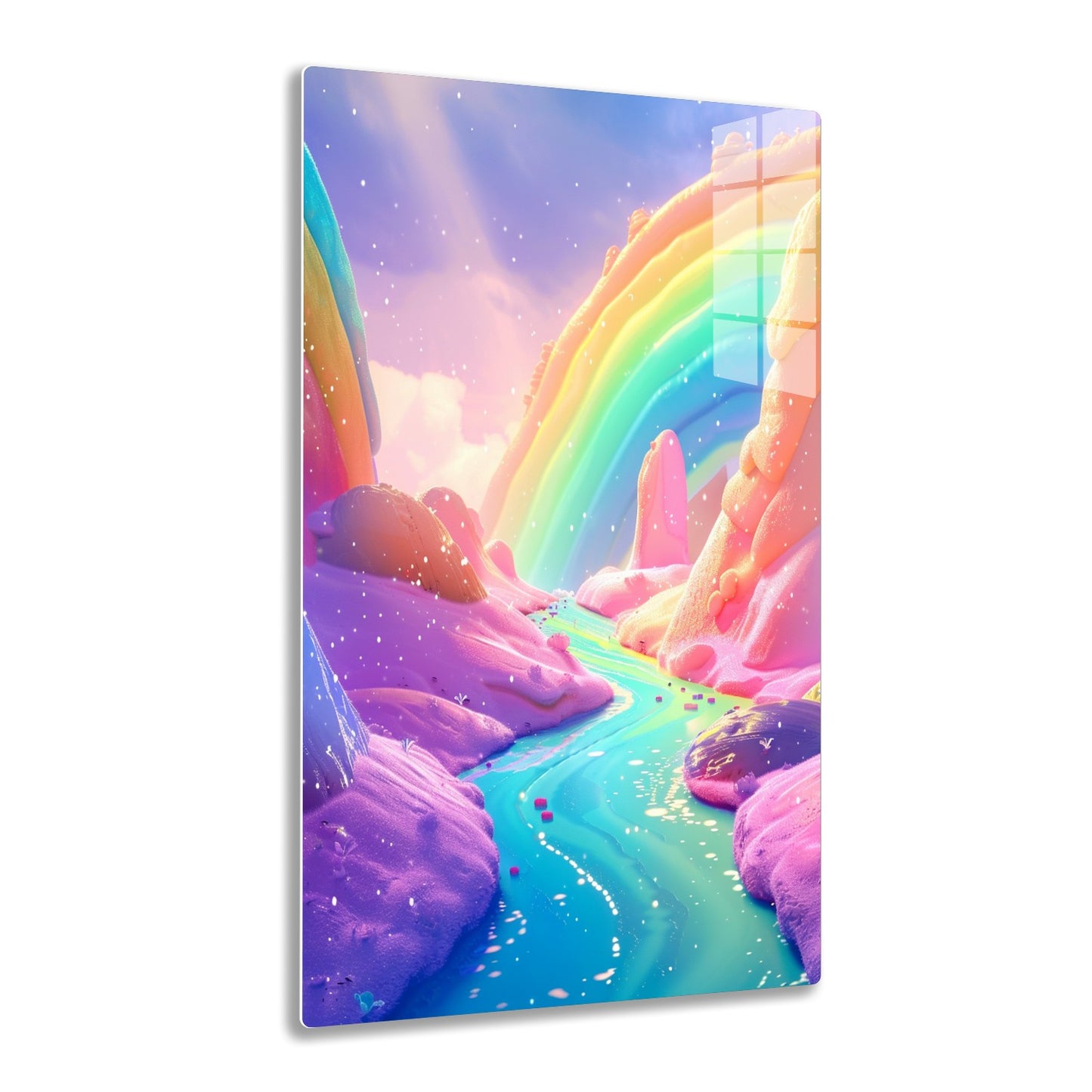 A vibrant, dreamlike landscape with a rainbow waterfall cascading into a sparkling stream amidst whimsical pink and purple rock formations under a starry sky.
