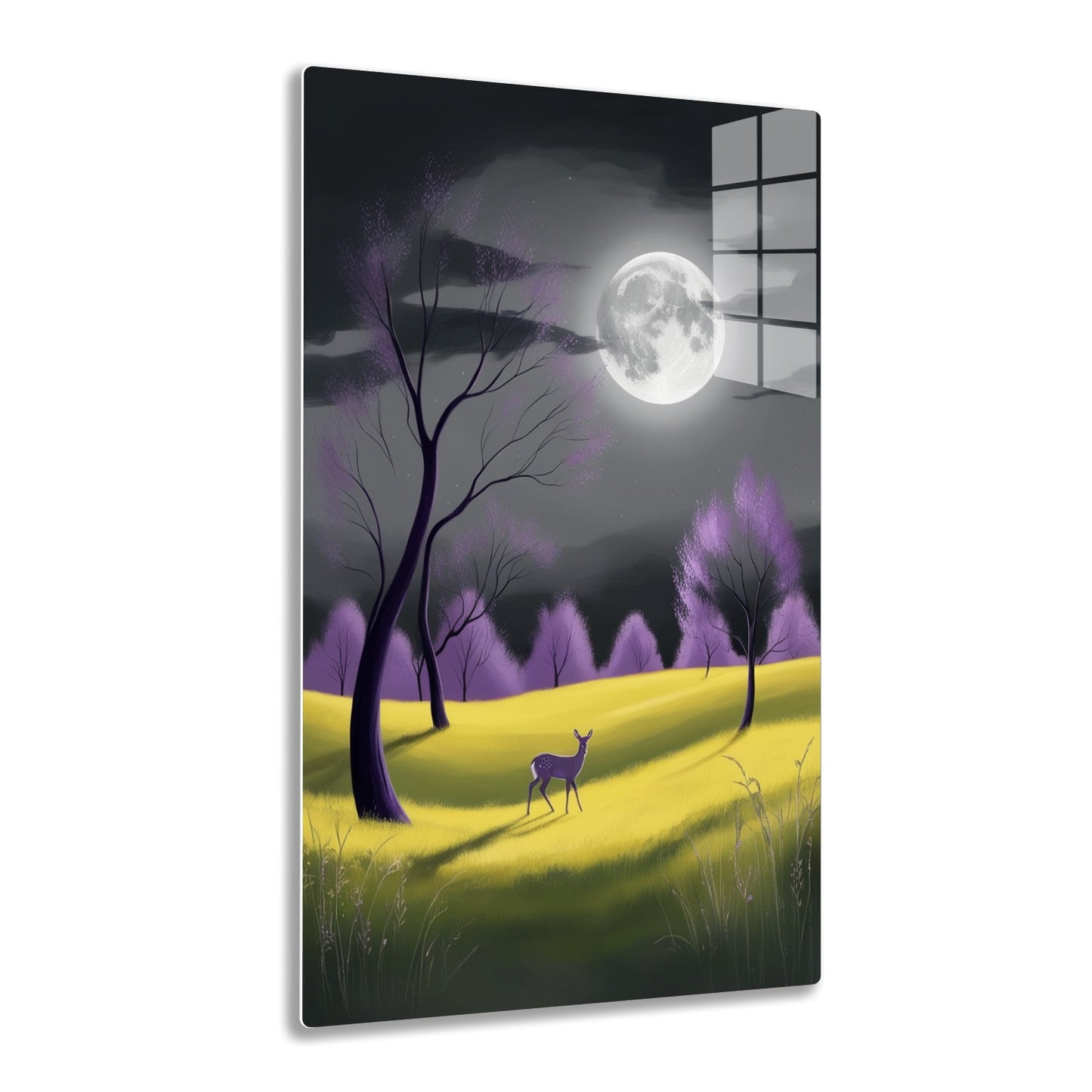 A whimsical night scene with a large full moon illuminating a grassy meadow where a lone deer stands among purple leafless trees and bushes.
