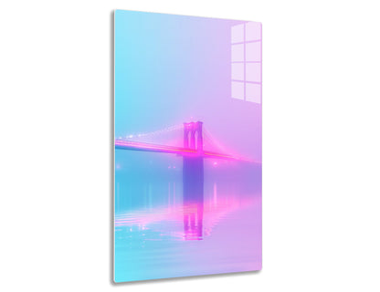 A vibrant, dreamy illustration of the iconic Brooklyn Bridge in shades of pink, purple and blue, creating a surreal and serene atmosphere over the water's reflective surface.
