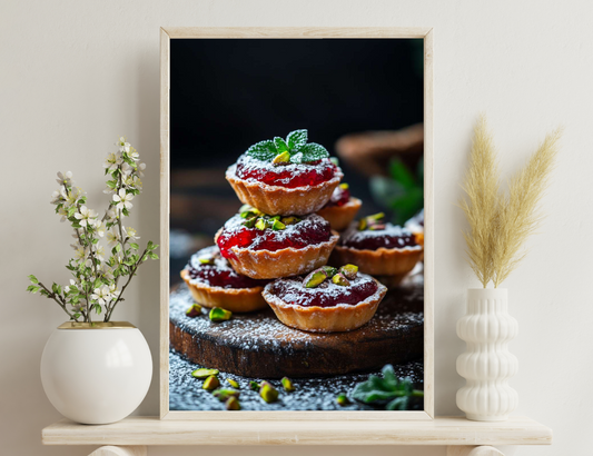 Delectable raspberry tarts dusted with powdered sugar, topped with fresh mint leaves, stacked on a rustic wooden board.
