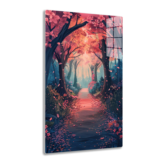 A vibrant, fantasy forest path arched by twisted trees with pink blossoms, leading through a warm, misty scenery with falling petals in shades of red, orange and blue.
