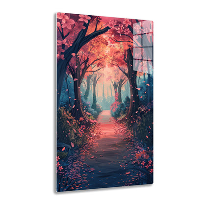 A vibrant, fantastical forest path surrounded by arched trees with pink blossoms, leading into a misty, ethereal distance filled with warm colors and falling petals.
