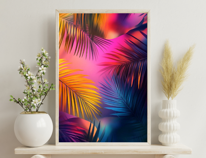 Vibrant, stylized palm tree fronds in shades of fuchsia, orange, and blue, creating an abstract tropical composition.
