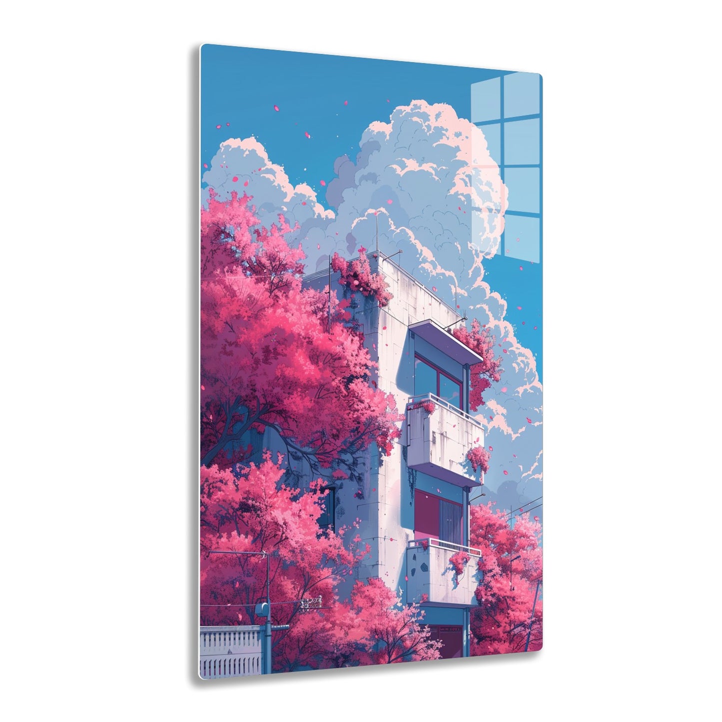 A digital illustration of a urban scene with a tall building surrounded by pink blooming trees and clouds, creating a surreal, dream-like atmosphere against a blue sky.
