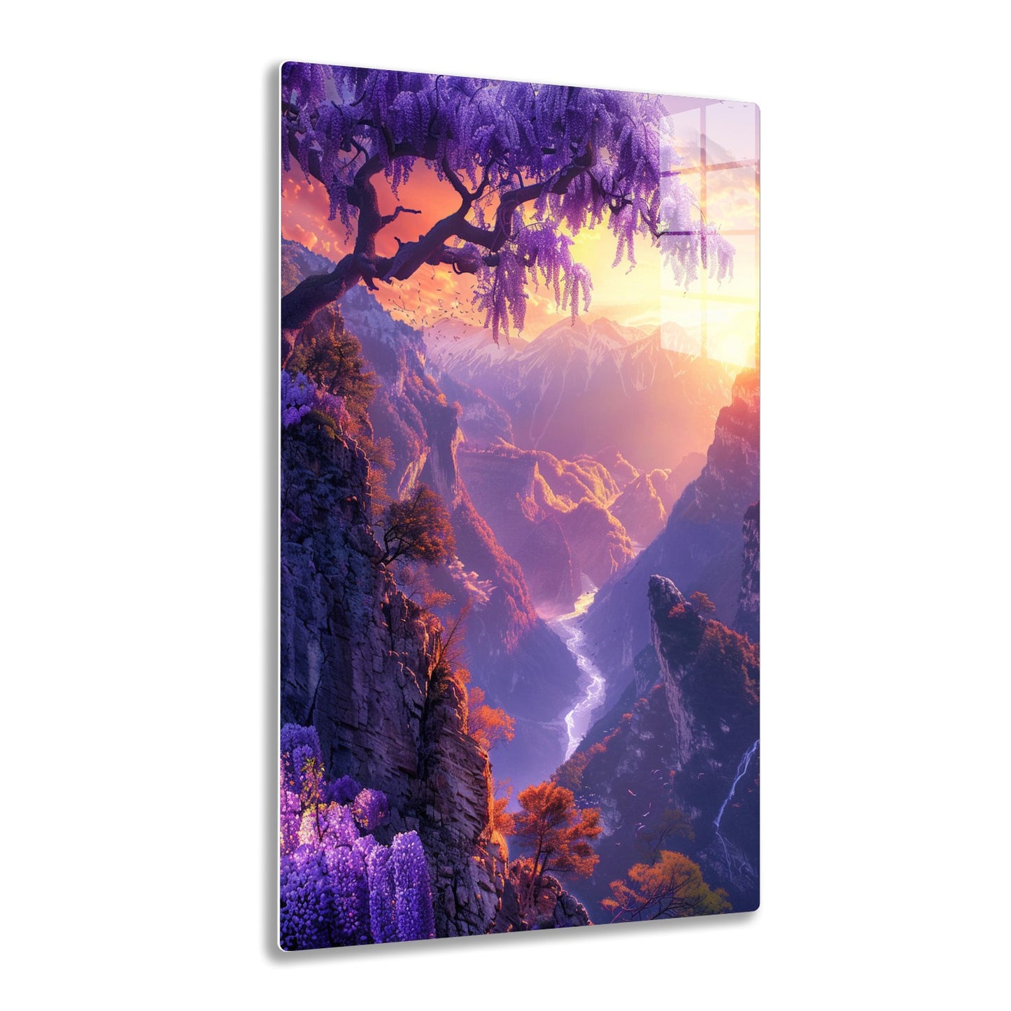 A vibrant mountainous landscape with purple wisteria trees and fall-colored foliage, overlooking a winding river surrounded by jagged cliffs under a dramatic sunset sky.
