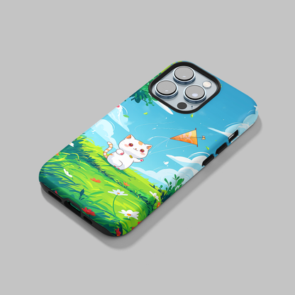 Kite Kitty (iPhone MagSafe Case)Elevate your iPhone's protection and style with RimaGallery's A charming illustration of a kitten flying a kite on a sunny daye on iphone MagSafe Case against a darkRimaGallery