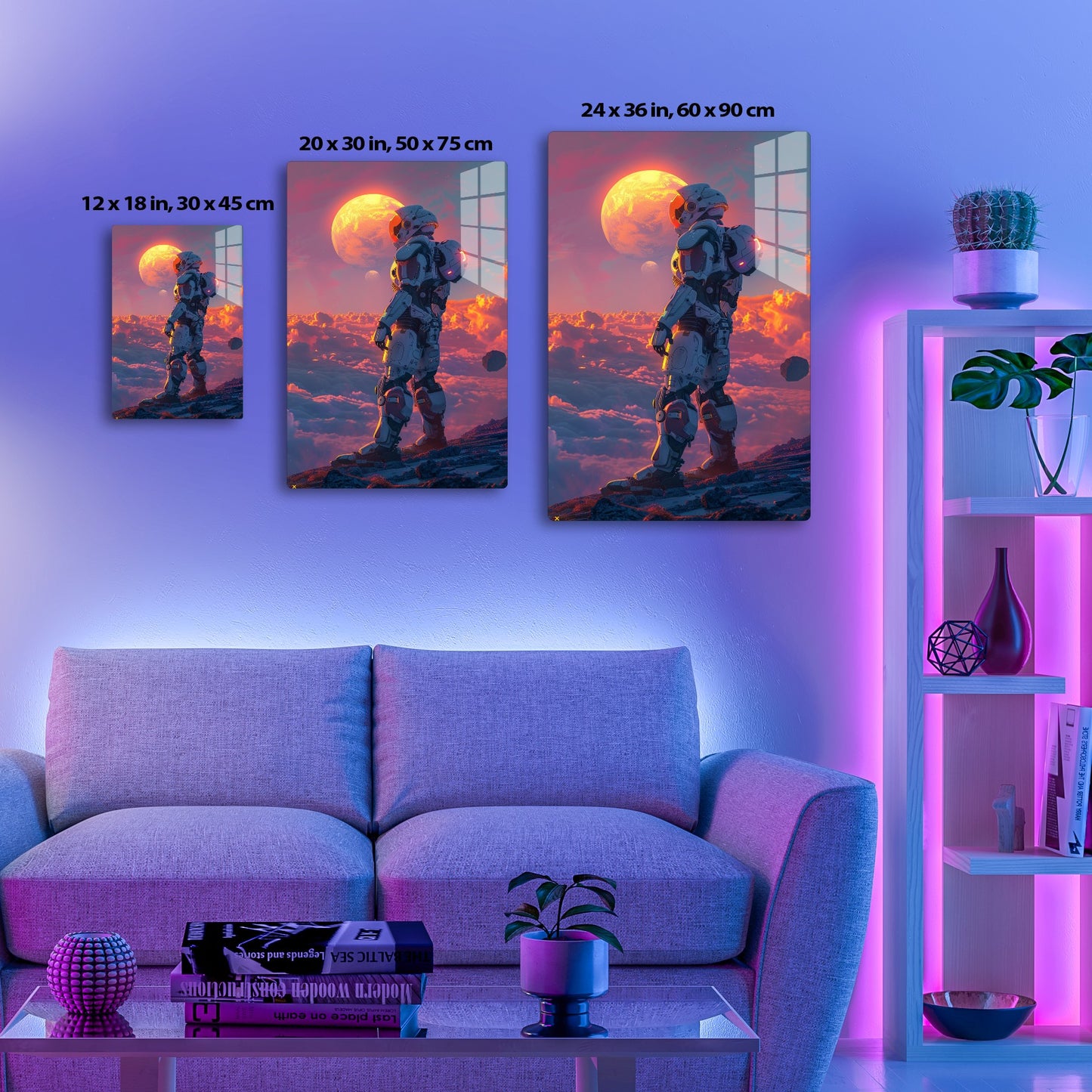 A futuristic robotic suit stands tall against a vibrant sunset sky with a large moon and rocky terrain, creating a striking sci-fi landscape.
