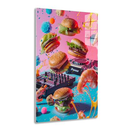 A vibrant, surreal image showcasing cheeseburgers floating amid colorful splatters and a DJ control panel, creating a whimsical fusion of food and music.
