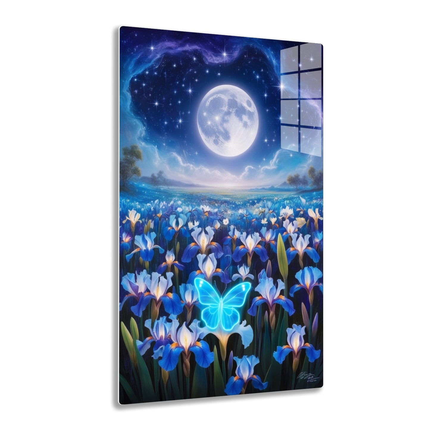 A vibrant, moonlit landscape with a glowing blue butterfly hovering over a field of blooming irises in shades of blue, white, and purple under a starry night sky with the large full moon taking center stage.
