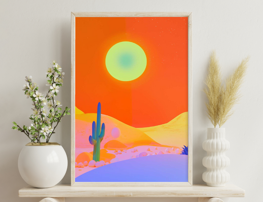 Desert sunset landscape with green sun, blue cactus, rolling orange dunes, and purple accents.
