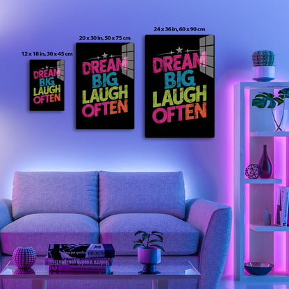 Dream big, laugh often text in colorful grunge style with stars on black background
