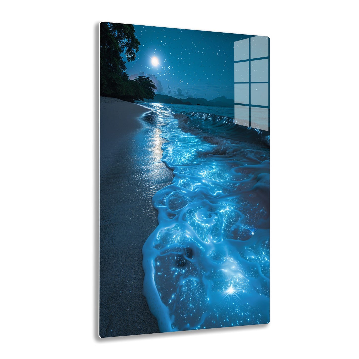 Moonlit tropical beach at night, waves gently lapping the sandy shore as bioluminescent plankton lights up the crashing surf under a starry sky.
