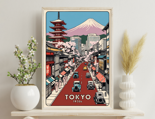 A vintage illustration depicting a street scene in Tokyo during the 1920s, blending traditional Japanese architecture like a pagoda with modern buildings, cherry blossom trees, vintage cars, and people dressed in traditional Japanese attire.
