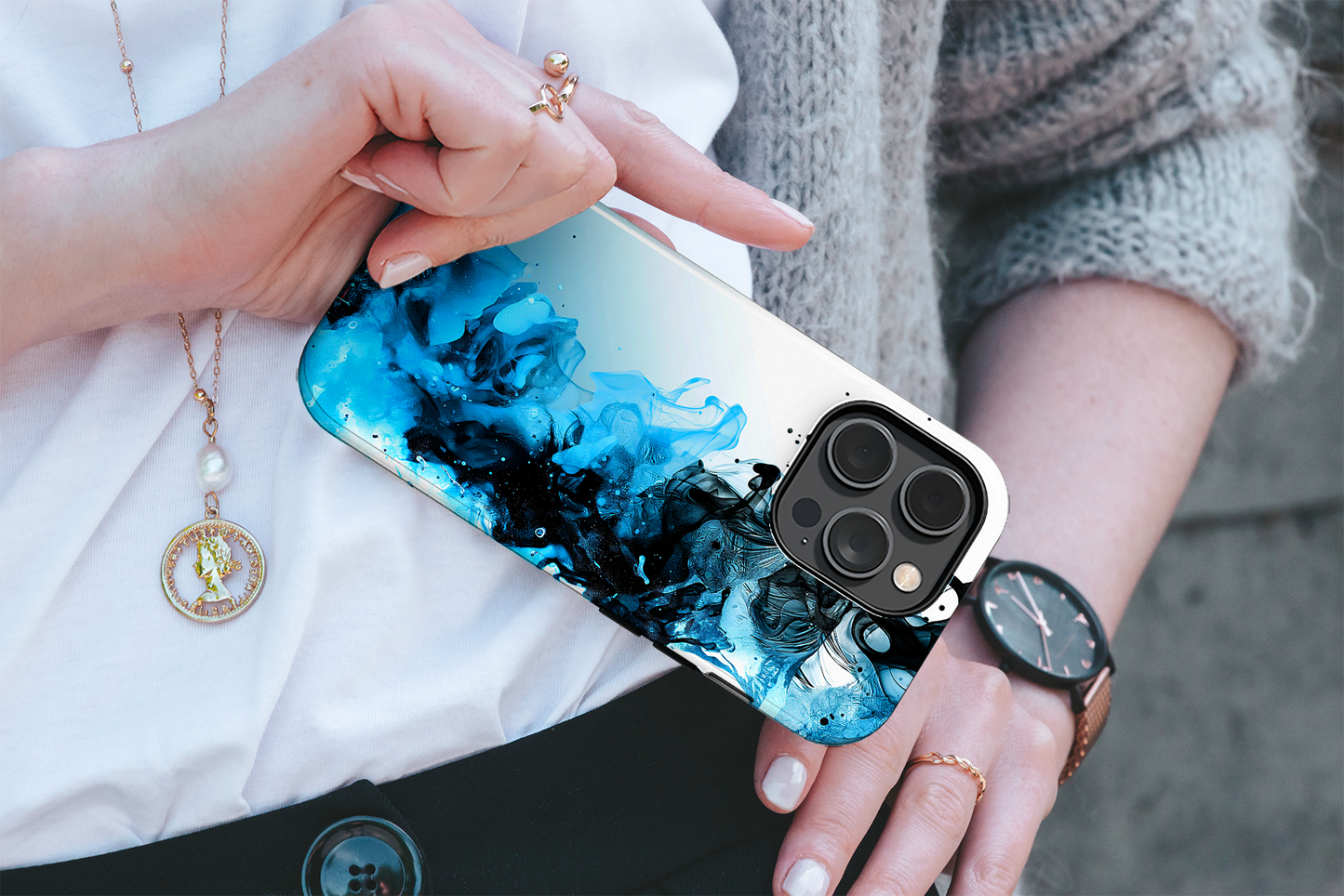 Ocean Fizz (iPhone MagSafe Case)Elevate your iPhone's protection and style with RimaGallery's Ink swirls in oceanic hues on a MagSafe Case. Enjoy dual-layer defense, vibrant design choices, and MagRimaGallery