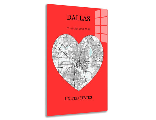 Map of Dallas city streets in the shape of a heart on a red background, with the city name, coordinates, and country.
