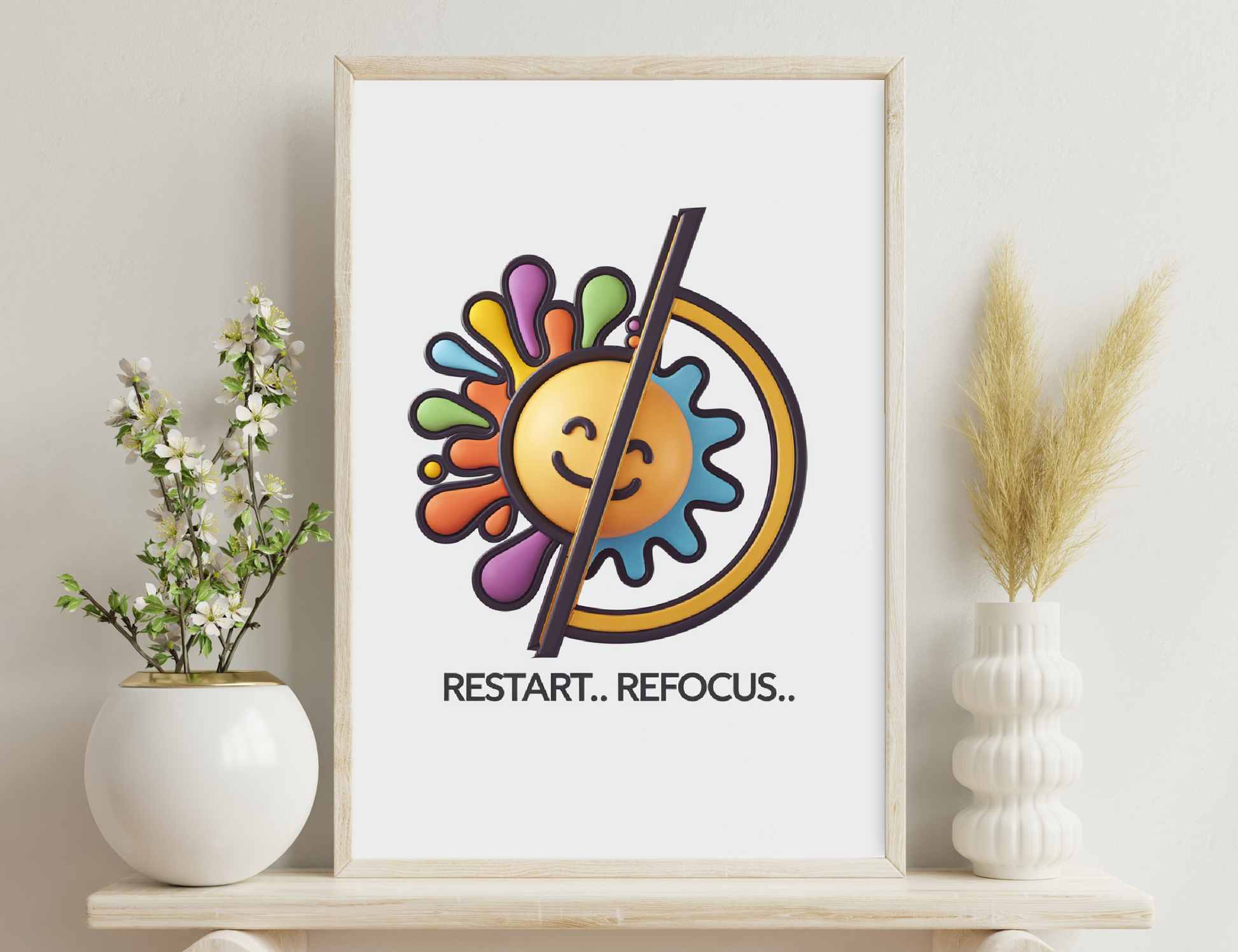 The alt text for the given image is: "Colorful abstract design representing restart and refocus, featuring a sun-like symbol divided by a line, with one half as waves and the other as stylized rays."
