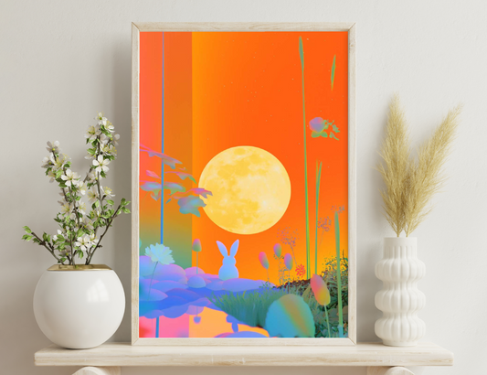 A vibrant psychedelic scene with a large yellow moon against an orange sky, silhouettes of colorful plants, a bunny figure, and surreal elements creating a whimsical, dreamlike atmosphere.
