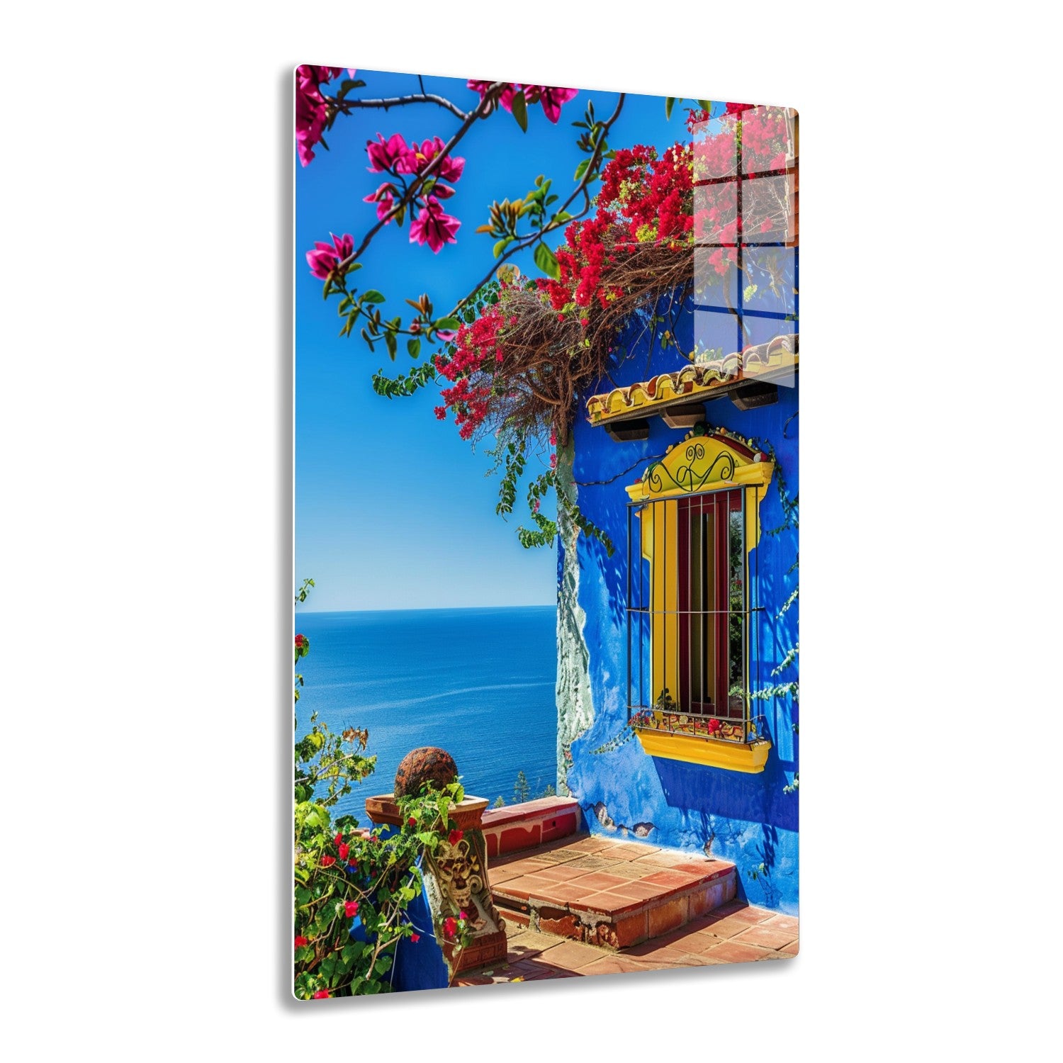 A colorful balcony overlooking the blue ocean, adorned with vibrant bougainvillea and yellow window decorations, creating a charming and picturesque Mediterranean scene.
