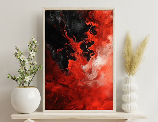 A swirling, abstract composition of intense red and black smoke or flames, resembling fiery vortices and turbulent energy.
