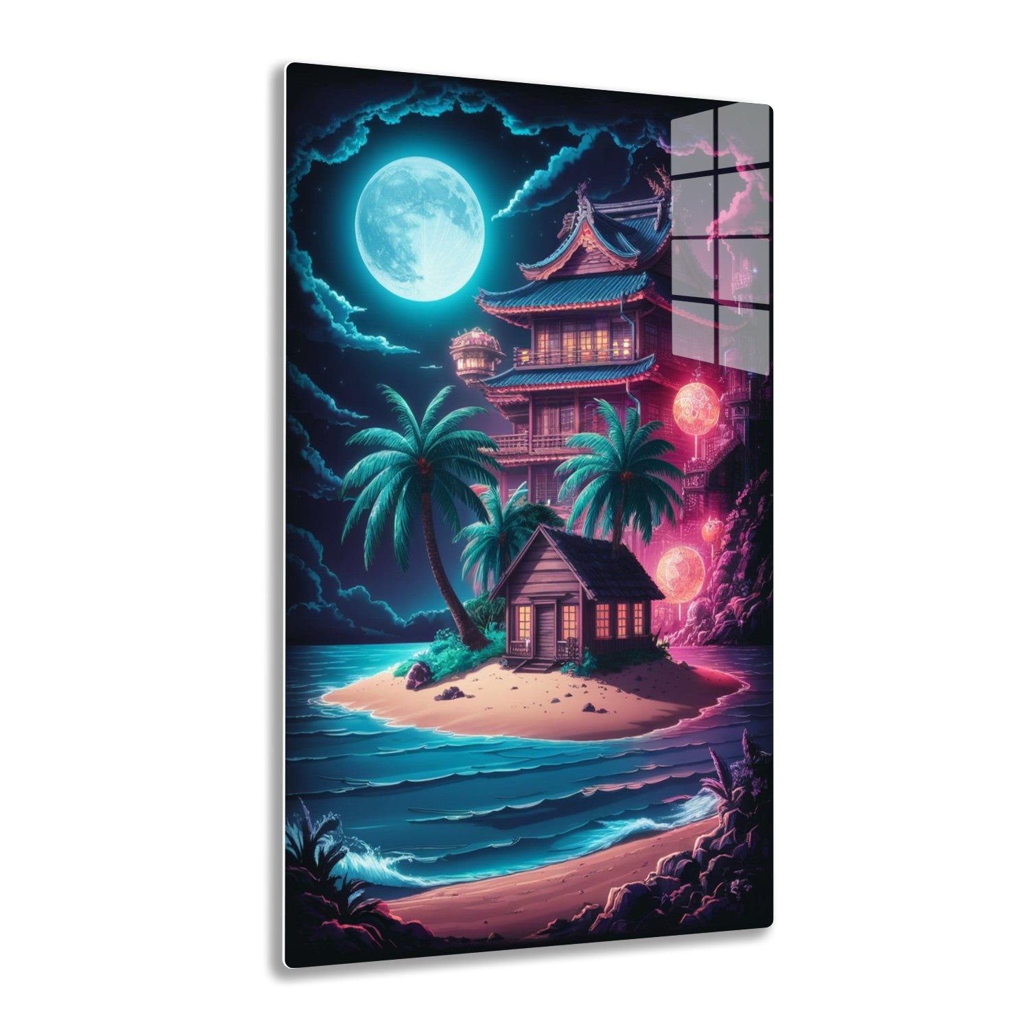 A fantasy scene depicting a traditional Asian pagoda building and a small beach hut illuminated by a large full moon and glowing orbs, surrounded by palm trees and a calm ocean under a vibrant pink and blue cloudy sky.

Human
