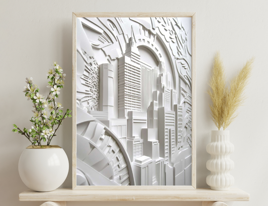 A highly detailed, three-dimensional architectural model made of white material depicts an abstract cityscape with towering skyscrapers, curved structures, and intricately carved details creating an intricate urban landscape.
