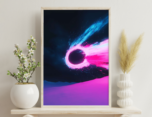 A colorful cosmic swirl forms a vibrant vortex against a dark background, with streaks of blue and bright pink creating an ethereal, otherworldly vortex shape.
