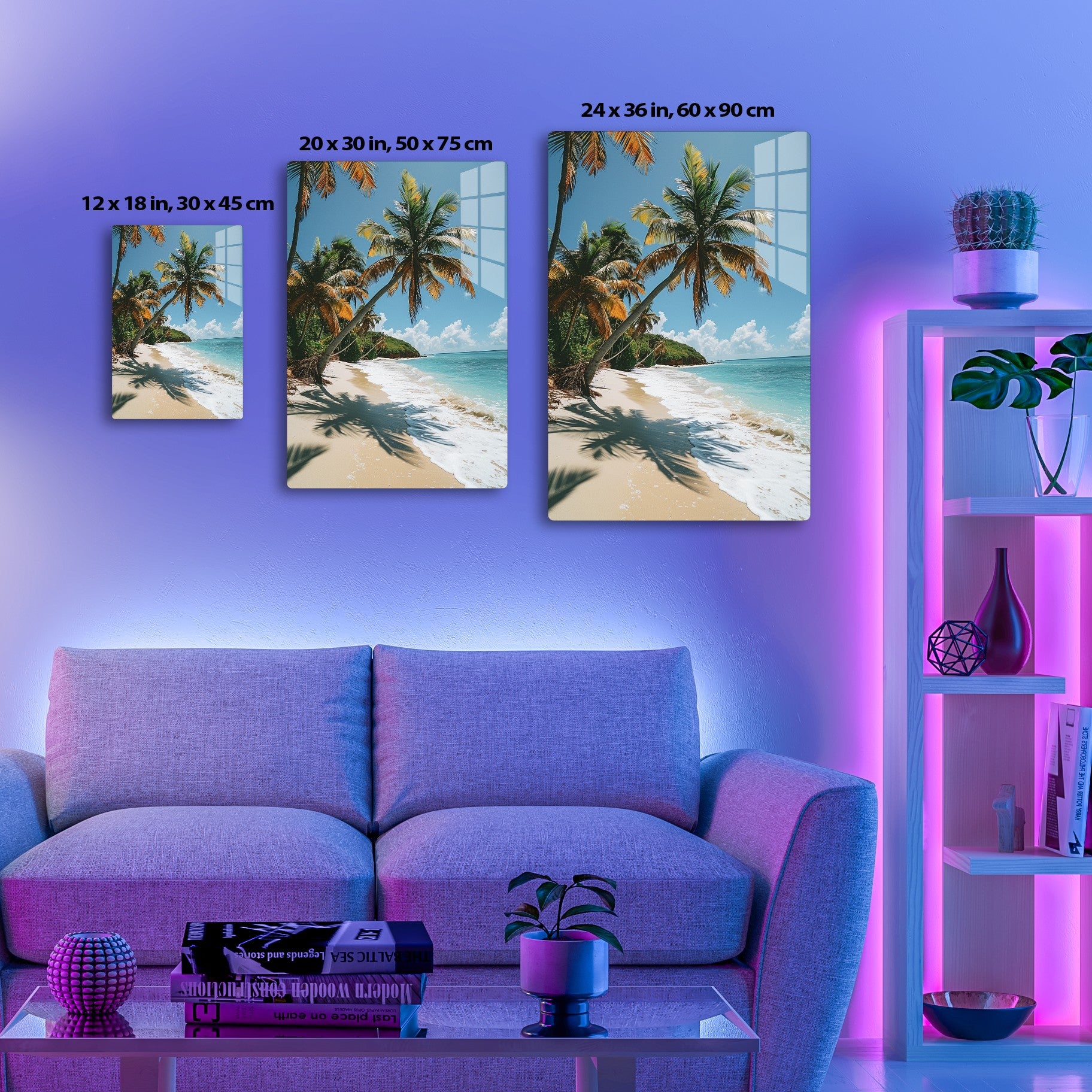 Tropical beach with palm trees leaning over white sandy shore, turquoise ocean waters lapping at the beach with lush green hillside in the background under a blue cloudy sky.
