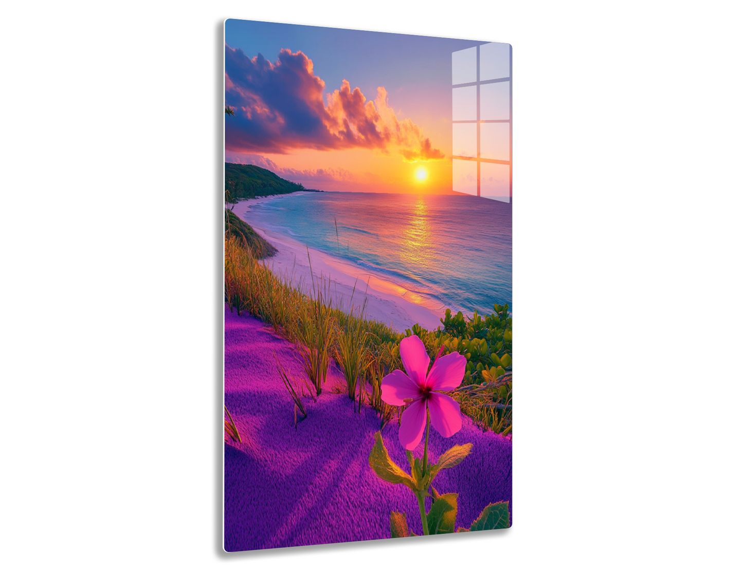 Stunning tropical beach sunset with vibrant pink and orange sky reflected in calm waters, pink flower in foreground and beach vegetation.
