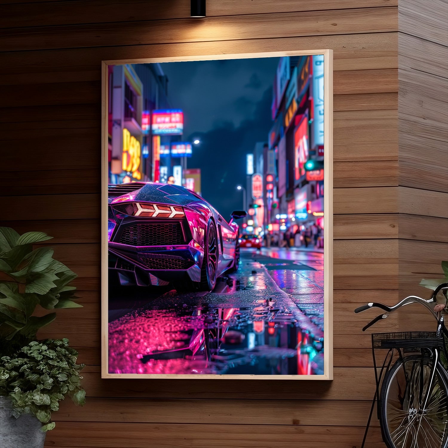 A sleek sports car with vibrant neon lights reflecting off its wet surface, parked on a rainy city street illuminated by bright neon signs and lights at night.
