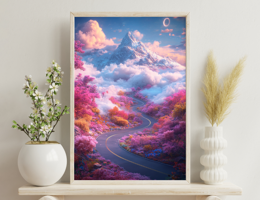 A winding road meanders through a vibrant, fantasy landscape with towering snow-capped mountains, pink and orange clouds, and trees ablaze in autumn hues of red, orange, and purple against a surreal blue sky with a
