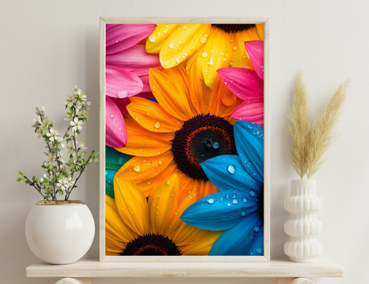 Close-up of vibrant yellow, orange, pink and blue gerbera daisies with water droplets, showcasing their intricate textures and details.
