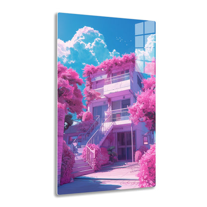 A vibrant neighborhood surrounded by pink cherry blossom trees against a bright blue sky with fluffy clouds, featuring multi-story residential buildings with balconies and stairways leading to the street.
