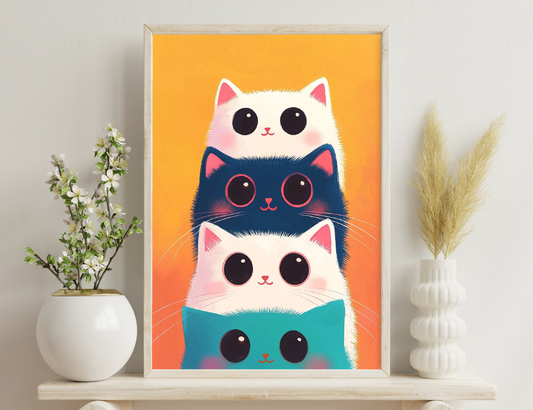 Stack of four stylized cat faces in white, navy blue, white, and teal colors against an orange background. Their large eyes, noses, and mouths are exaggerated, creating an endearing and playful illustration.
