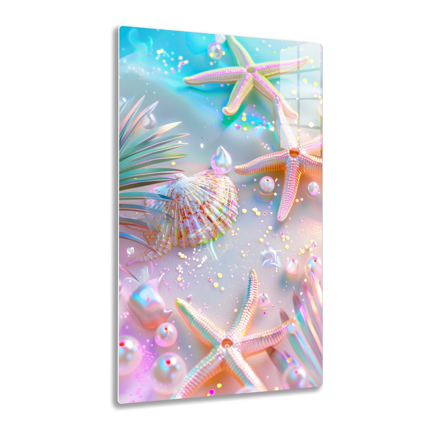 Colorful starfish, seashells, palm fronds, and bubbles arranged artistically on a vibrant blue background with sparkling accents, evoking a whimsical undersea scene.
