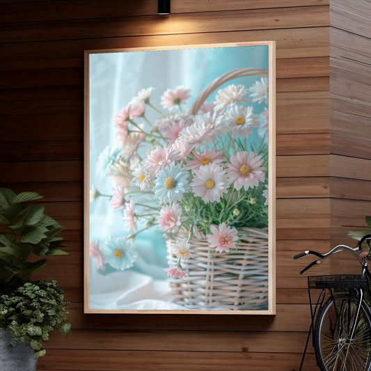 A basket filled with delicate pink and white daisies, creating a soft and dreamy floral arrangement against a muted blue background.
