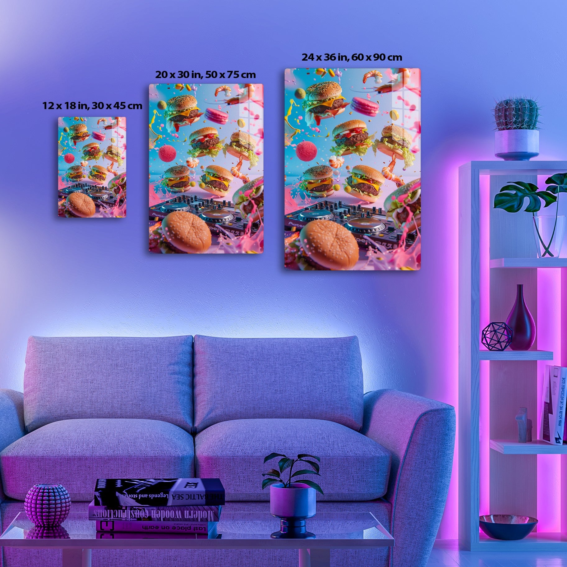 Whimsical scene with colorful burgers floating amid shrimp, macarons, and a DJ turntable against a vibrant blue backdrop, creating a surreal and playful atmosphere.
