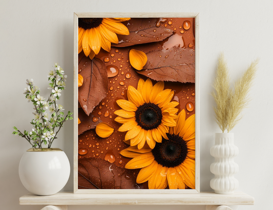 Closeup of vibrant yellow sunflowers with water droplets on brown leaves, creating a beautiful contrast of colors and textures.
