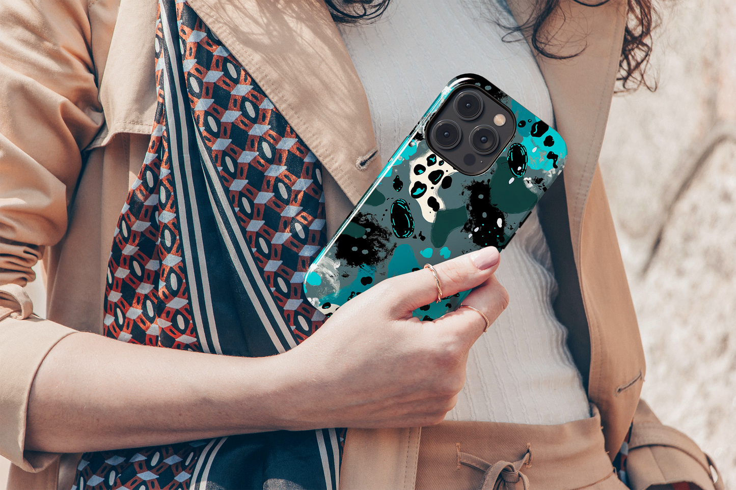 Aqua Abstract (iPhone MagSafe Case)Elevate your iPhone's protection and style with RimaGallery's Abstract teal and black speckled pattern on iphone MagSafe Case against a dark backdrop. Enjoy dual-layRimaGallery