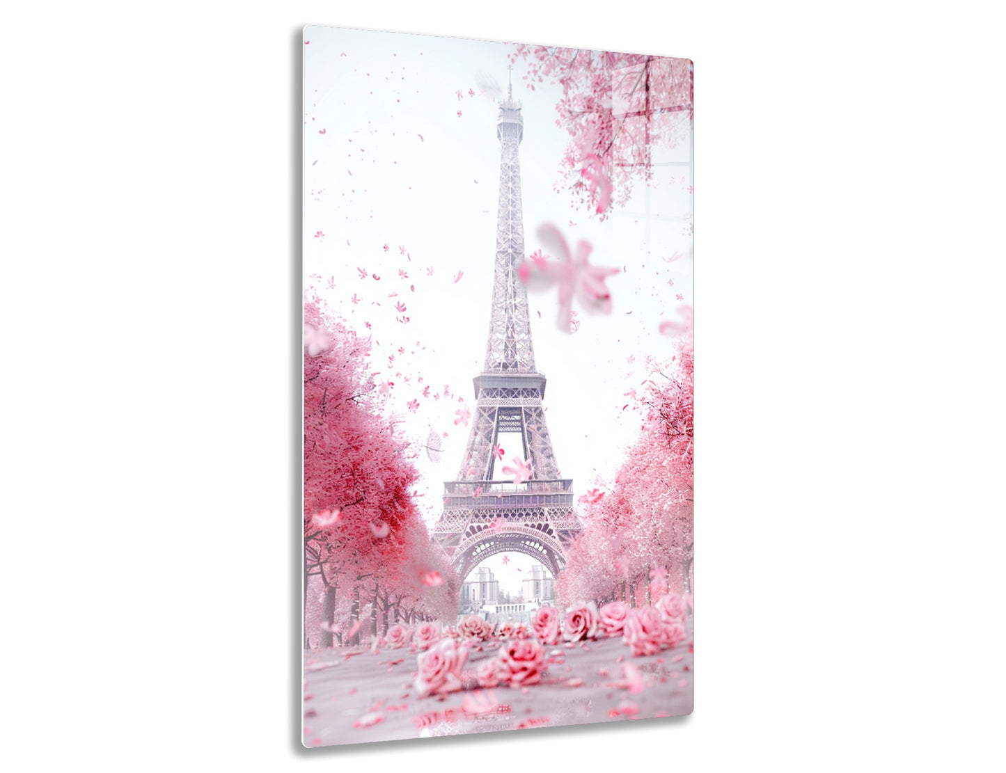 The Eiffel Tower in Paris surrounded by pink cherry blossoms, creating a dreamy, romantic scene.
