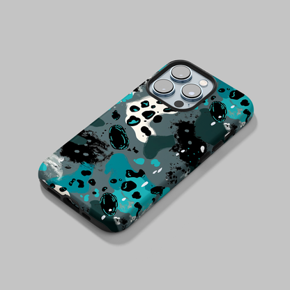 Aqua Abstract (iPhone MagSafe Case)Elevate your iPhone's protection and style with RimaGallery's Abstract teal and black speckled pattern on iphone MagSafe Case against a dark backdrop. Enjoy dual-layRimaGallery