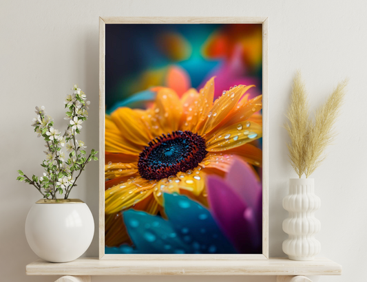 A close-up of a vibrant yellow sunflower with water droplets on its petals, against a colorful blurred background in shades of blue, yellow, orange, and purple.
