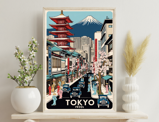 Tokyo in the 1920s - Illustration depicting a vibrant street scene with traditional Japanese architecture like pagodas alongside modern buildings, cherry blossoms, vintage cars, and people in traditional attire and kimonos, with Mount
