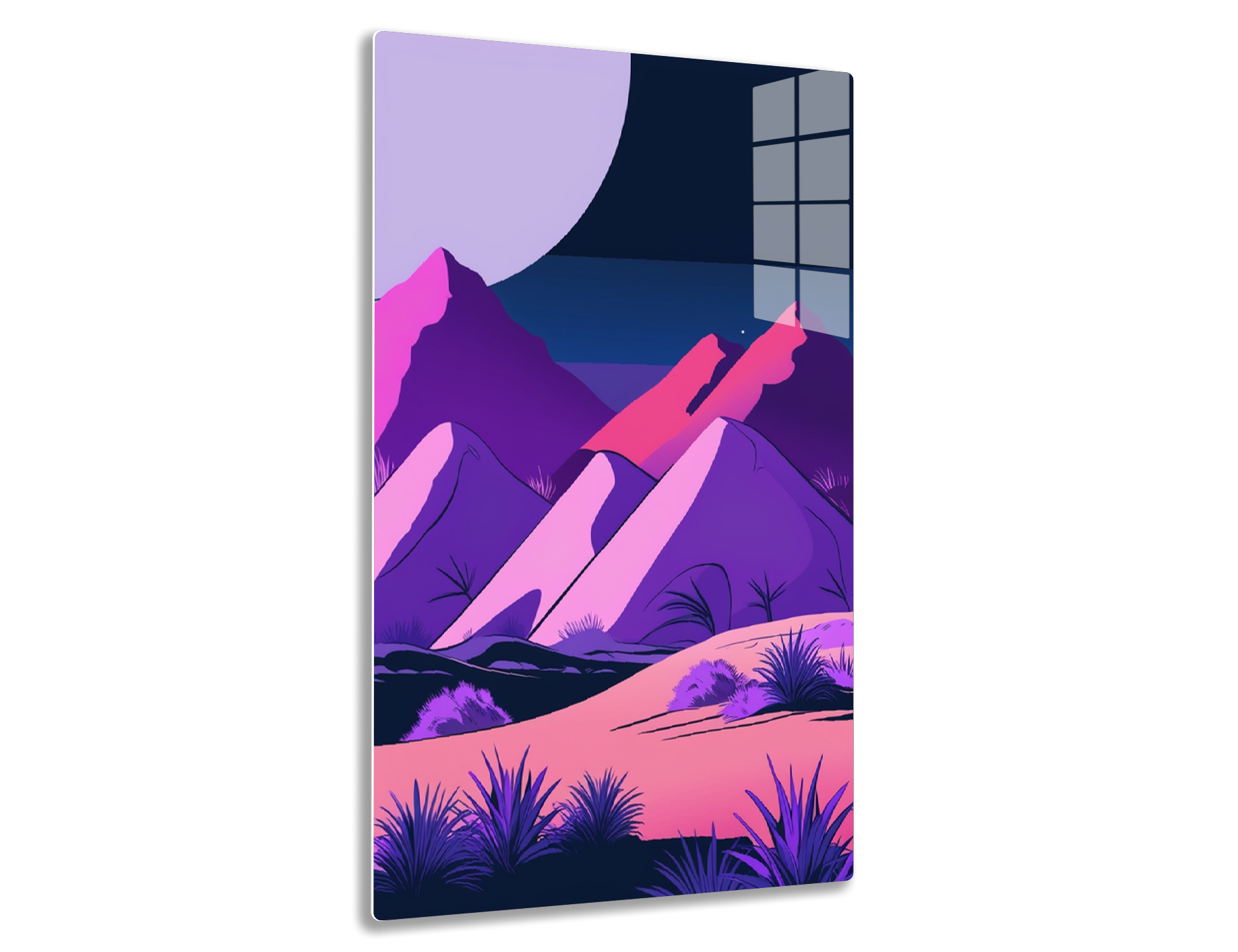 A stylized landscape illustration depicting towering purple mountains against a blue and pink gradient sky, with silhouettes of palm trees and desert vegetation in the foreground.
