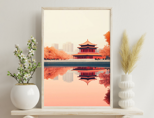 A traditional Chinese pavilion reflected in a serene pond surrounded by vibrant fall foliage and modern city skyline in the background, creating a picturesque juxtaposition of ancient and contemporary architecture.
