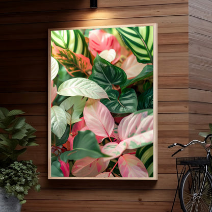 A close-up image of vibrant pink flowers and lush green leaves with different textures and patterns, creating a tropical ambiance.
