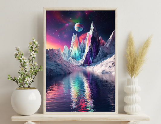 A cosmic, colorful landscape depicting towering snow-capped mountains in shades of purple, red, and teal reflecting in a still lake, with a striped planet looming in a starry sky.
