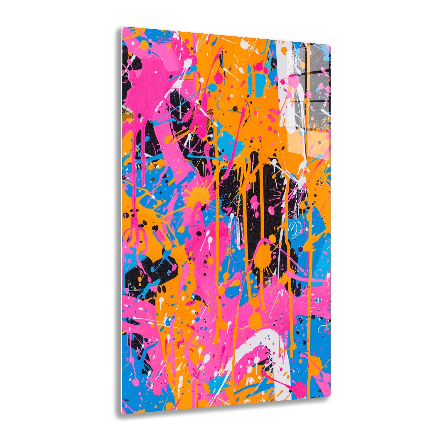 Abstract splatter art in vibrant pink, orange, blue, and black colors. Bold brushstrokes and drip patterns create a lively, energetic composition.
