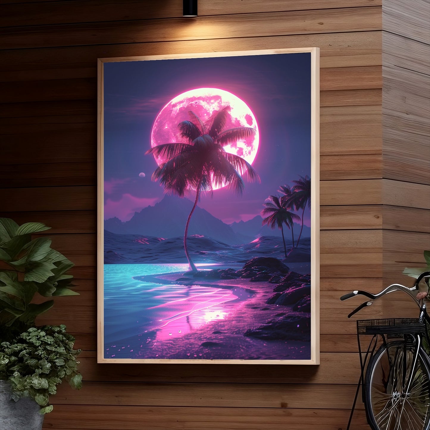 A surreal beach scene with a giant pink moon illuminating palm trees silhouetted against a vibrant purple sky, reflecting on the rippling pink ocean waves.
